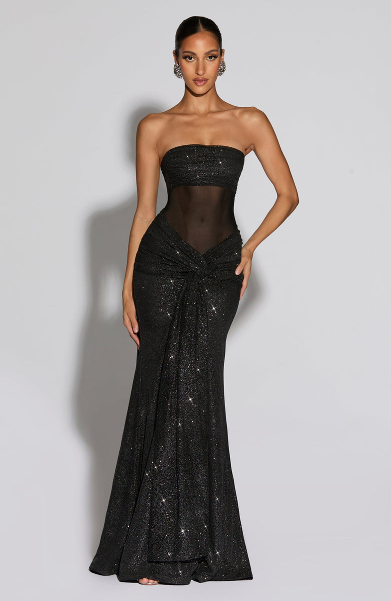 VESTIDO LONGO COM DECOTE RETO E TULE - ALICIA
