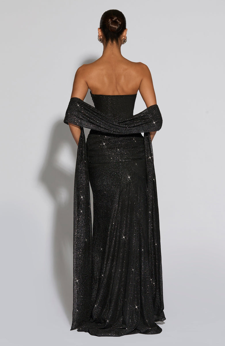 VESTIDO LONGO COM DECOTE RETO E TULE - ALICIA