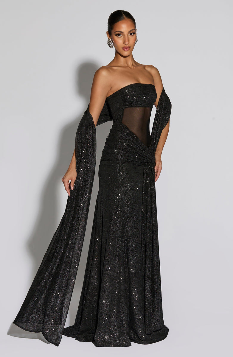 VESTIDO LONGO COM DECOTE RETO E TULE - ALICIA