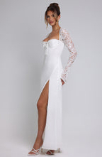 VESTIDO LONGO COM FENDA LATERAL E MANGAS EM RENDA - BRIENNE
