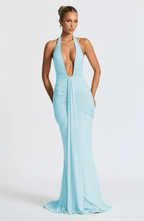 VESTIDO LONGO DRAPEADO COM DECOTE PROFUNDO - BLANC