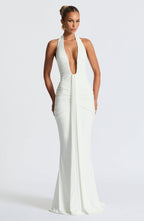 VESTIDO LONGO DRAPEADO COM DECOTE PROFUNDO - BLANC