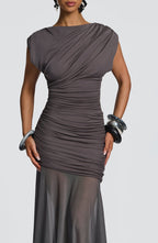 VESTIDO LONGO DRAPEADO EM TULE - QUARTZO