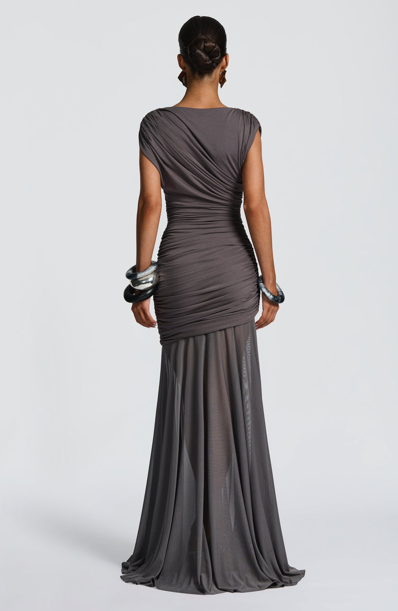VESTIDO LONGO DRAPEADO EM TULE - QUARTZO