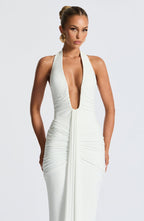 VESTIDO LONGO DRAPEADO COM DECOTE PROFUNDO - BLANC