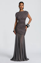 VESTIDO LONGO DRAPEADO EM TULE - QUARTZO