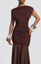 VESTIDO LONGO DRAPEADO EM TULE - QUARTZO