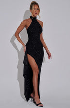 VESTIDO LONGO COM GOLA ALTA E FENDA LATERAL - ELLENA