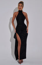 VESTIDO LONGO COM GOLA ALTA E FENDA LATERAL - ELLENA
