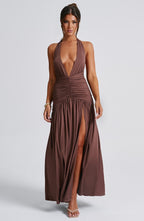 VESTIDO LONGO COM DECOTE EM V E FENDA LATERAL - SERENA