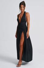 VESTIDO LONGO COM DECOTE EM V E FENDA LATERAL - SERENA