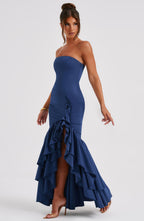 VESTIDO LONGO COM DECOTE RETO E FENDA LATERAL - GEORGINA