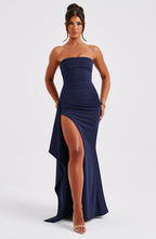 VESTIDO LONGO COM DECOTE RETO E FENDA LATERAL - VICTORIA