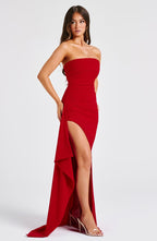 VESTIDO LONGO COM DECOTE RETO E FENDA LATERAL - VICTORIA