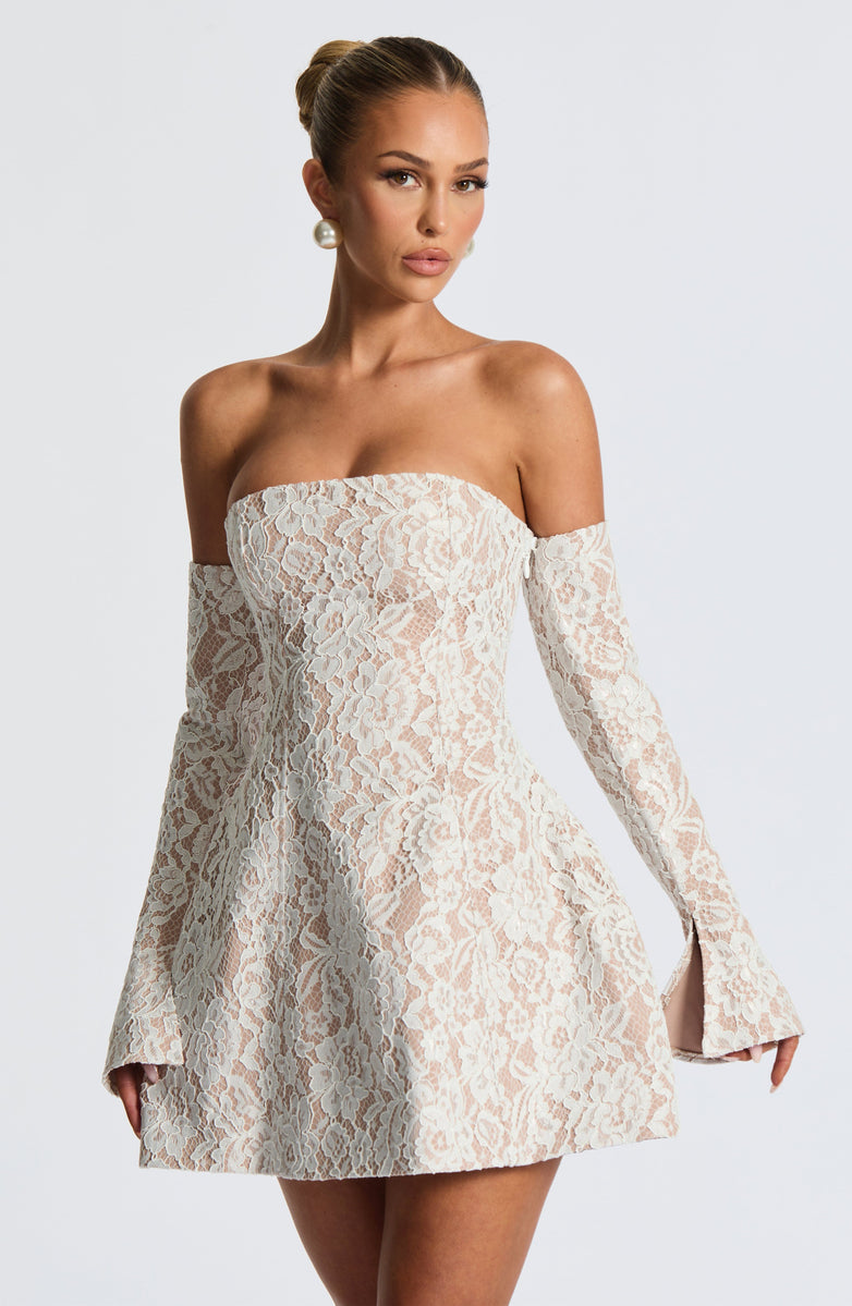 VESTIDO MINI EM RENDA COM DECOTE RETO MANGA LONGA - JASMINE