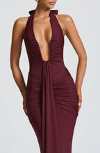 VESTIDO LONGO DRAPEADO COM DECOTE PROFUNDO - BLANC