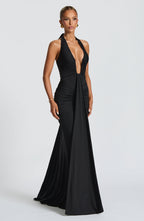 VESTIDO LONGO DRAPEADO COM DECOTE PROFUNDO - BLANC