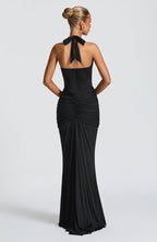 VESTIDO LONGO DRAPEADO COM DECOTE PROFUNDO - BLANC