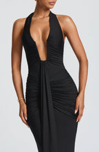VESTIDO LONGO DRAPEADO COM DECOTE PROFUNDO - BLANC