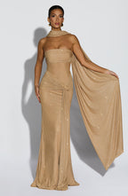 VESTIDO LONGO COM DECOTE RETO E TULE - ALICIA