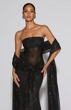 VESTIDO LONGO COM DECOTE RETO E TULE - ALICIA
