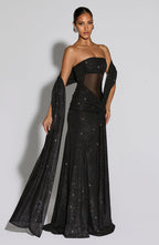 VESTIDO LONGO COM DECOTE RETO E TULE - ALICIA